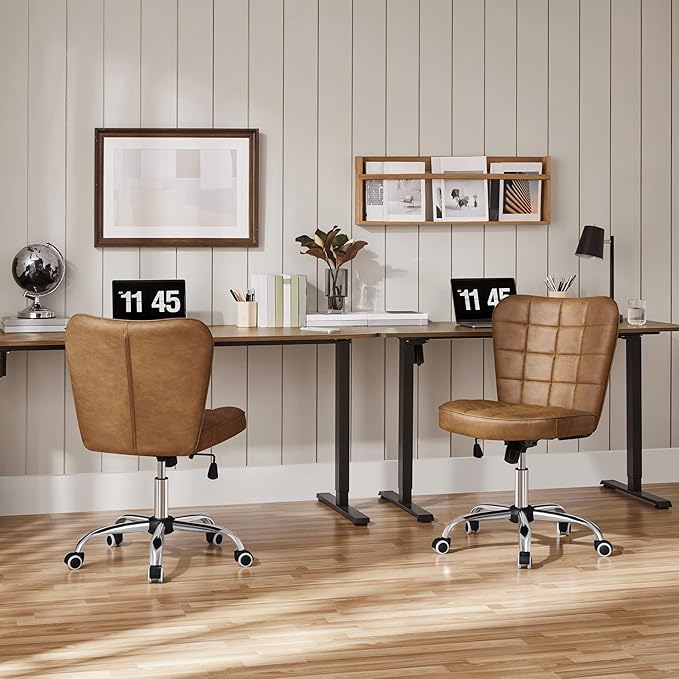 Yaheetech Armless Desk Chair Modern Tufted Office Chair Faux Leather Upholstered Computer Chair with Adjustable Seat Height and Rolling Wheels for Home/Office, Retro Brown