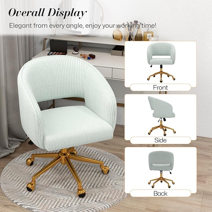 Home Office Swivel Desk Chair, Modern Corduroy Vanity Chair, Height Adjustable Armchair with Gold Base, Ergonomic Office Chair for Task Study Computer Room, Light Blue