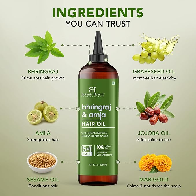 Botanic Hearth Bhringraj & Amla Hair Oil | Nourishing Scalp & Hair Oil for Dry, Frizzy Hair | Supports Fuller-Looking Hair & Shine | Lightweight Botanical Formula | No Harsh Additives | 6.7 fl oz