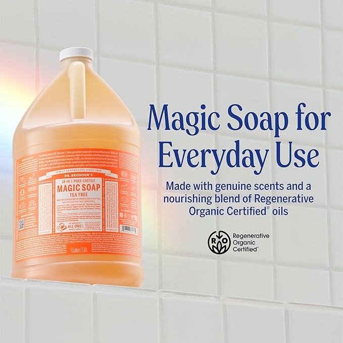 Dr. Bronner’s - Pure-Castile Liquid Soap (Tea Tree, 32 ounce) - Made with Organic Oils, 18-in-1 Uses: Acne-Prone Skin, Dandruff, Laundry, Pets and Dishes, Concentrated, Vegan, Non-GMO