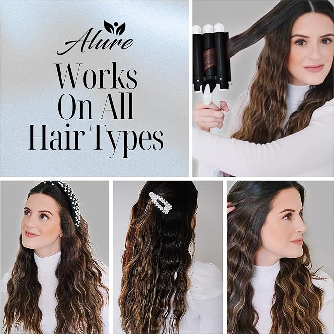 Alure Three Barrel Curling Iron Wand with LCD Temperature Display - 1 Inch Ceramic Tourmaline Triple Barrels, Dual Voltage Crimping Tool, Best Hair Waver for Beachy/Frizz Free Waves (zBlack/White)