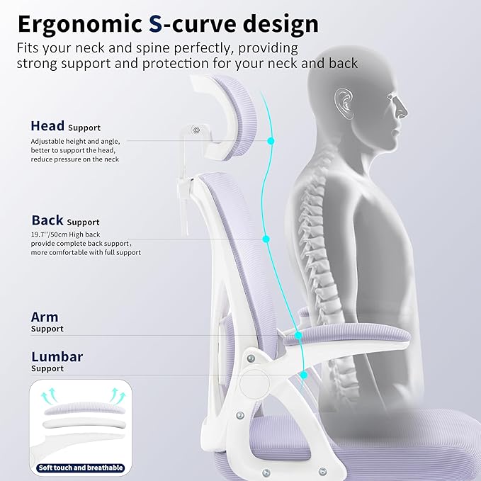 Office Chair,Ergonomic Desk Chair with Adjustable Lumbar Support,Purplr Office Chair 400 Lbs Mesh Computer Chair High Back with Headrest for Home Office (Lavender)