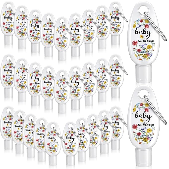 Leelosp 30 Pcs Mini Sunscreen with Carabiner Bulk for Wildflower Baby in Bloom Baby Shower Party Favors Travel Size 1 Fl. oz. Spf 30 Water Resistant Mini Sunblock Lotion for Wildflower Party