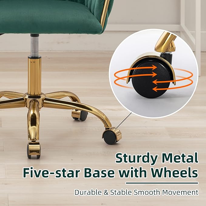 ABET Velvet Desk Chair with Wheels, Cute Upholstered Swivel Office Chair, Modern Gold Rolling Hand Woven Height Adjustable Armchair for Women Girls Home Makeup, Vanity, Nail Salon, Dark Green