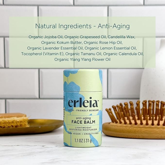 Erleia Solid Face Balm, Anti-Aging Facial Moisturizer, Vegan Cruelty-Free Plastic-Free, Travel-Friendly Skincare, Sustainably Sourced Ingredients