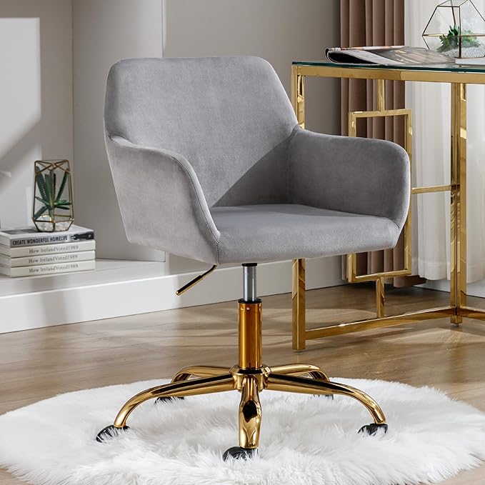Faux Fur 360°Swivel Desk Chair, Modern Height Adjustable Home Office Armchair with Golden Base for Teens Women Girls, Upholstery Computer Chair for Home Studios, Velvet & Light Grey