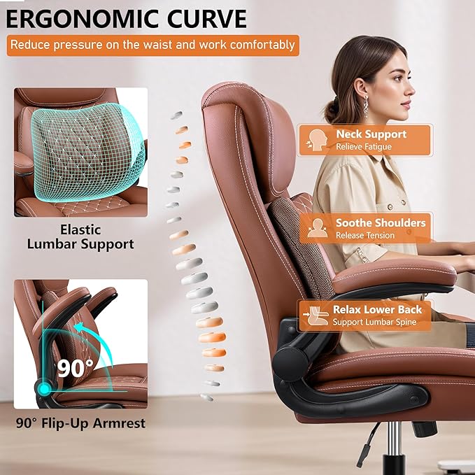 Office Chair,Ergonomic Office Chair with Lumbar Support for Lower Back Pain Relief, Executive Leather Chair with Padded Flip-up Arms, Wheels and Adjustable Armrests, Brown Pack of 4