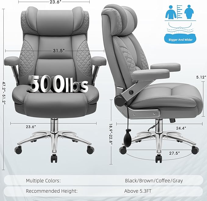 Office Chair, 5D Flip Arm Ergonomic Desk Chair with Adjustable Lumbar Support for Back Pain, Extra Wide 500LBS Comfy Big and Tall Office Chair, Executive Leather Computer Game Chair for Heavy People