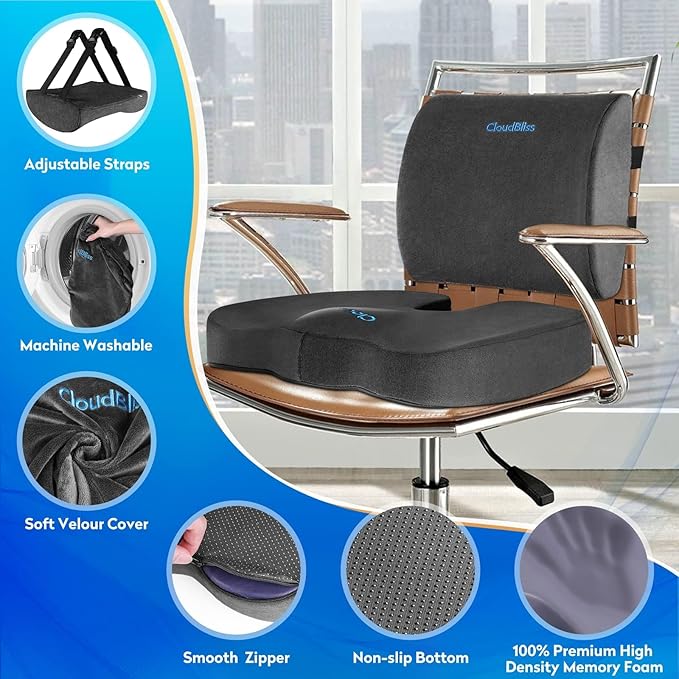 CloudBliss Seat Cushion,Office Chair Cushion,Car Seat Cushion,Lumbar Support Pillow for Office Chair,Back Support Memory Foam Pillow Coccyx Cushion for Tailbone Pain&Sciatica Pain Relief,Grey,X-Large