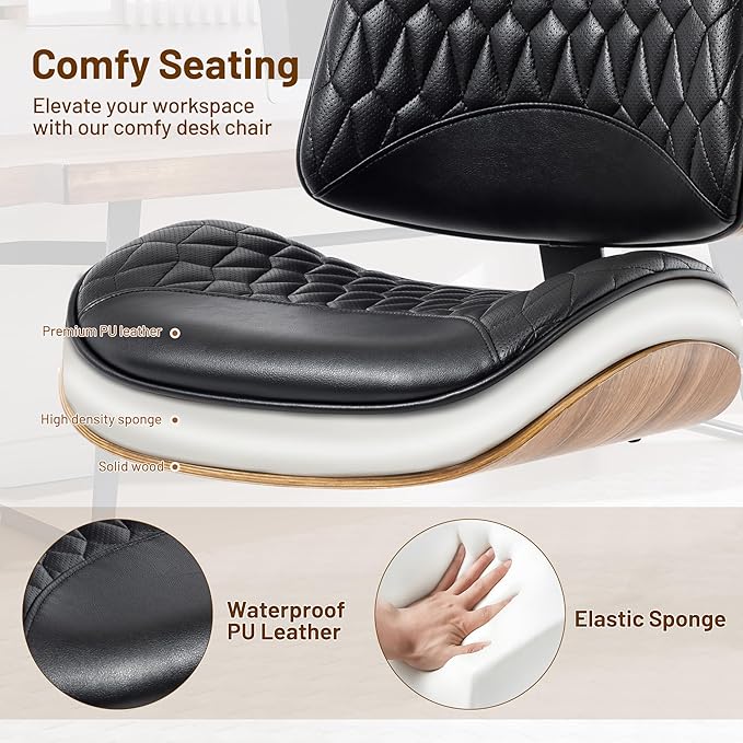 Walnut Bentwood Mid Back Armless Office Chair 1 Pack, Adjustable Height PU Leather Swivel Desk Chair with Wheels, Rolling Computer Task Chair for Home Office, Study, Meeting Room