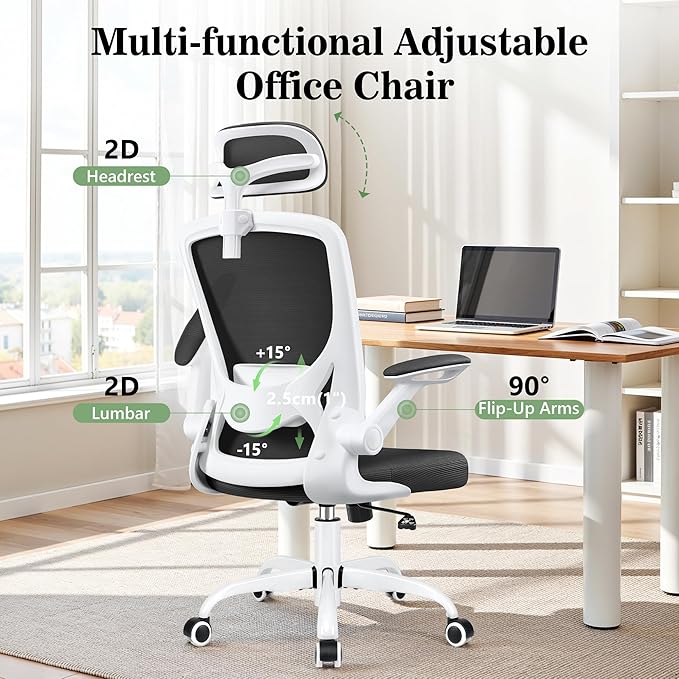 Office Chair Ergonomic Desk Chair, Breathable Mesh Office Chairs with Adjustable Lumbar Support, Flip-Up Arms, Computer Desk Chair Comfy for Home Office, White