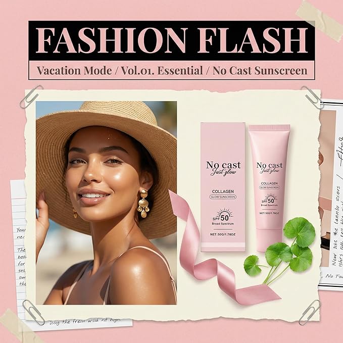 No Cast Just Glow Collagen Sunscreen | SPF 50 Broad Spectrum Face Sunscreen | Lightweight, Non-Sticky, Hydrating Formula | No White Cast or Residue | Peptide, Cica for Soothing & Natural Glow (1PC)