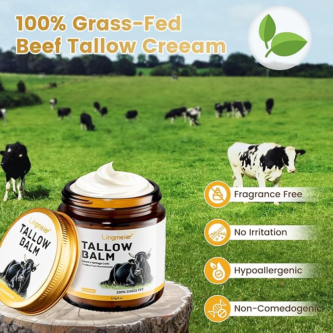 Whipped Beef Tallow and Honey Balm for Skin - Organic Grass Fed Beef Tallow for Face & Body - Natural Unscented Tallow Face Moisturizer for Sensitive Skin, Eczema & Dryness Relief (4 oz)