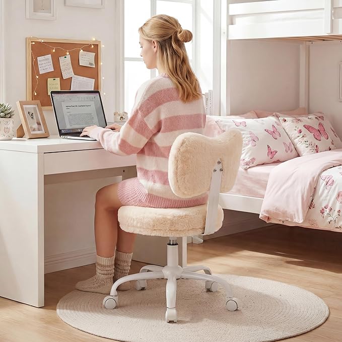 Vanity Chair with Wheels, Cute Desk Chair with Bow Backrest, Fluffy Faux Rabbit Fur Small Office Chair for Vanity, Make-up Room, Bedroom, Dorm, Height Adjustable, Orange Pink