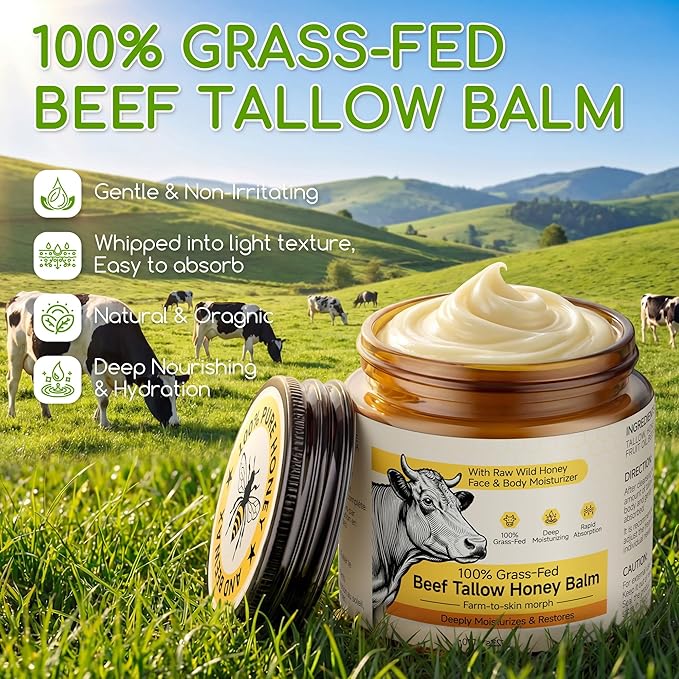 Beef Tallow for Skin & Face, Whipped Tallow and Honey Balm Cream, 100% Grass-Fed Beef Tallow Face Moisturizer with Raw Honey, All Natural Organic Body Lotion Skincare for Women & Men, Unscented 4.2 OZ