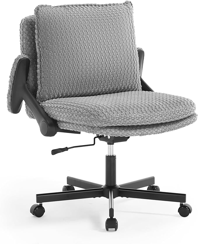 Fizzin Flip-up Armrests for Criss Cross Chair,Cross Legged Chair with Wheels,Memory Foam Seat Office Desk Chair,Mid Back Swivel Chair for Home Office,Bedroom Vanity (Grey Armrests)
