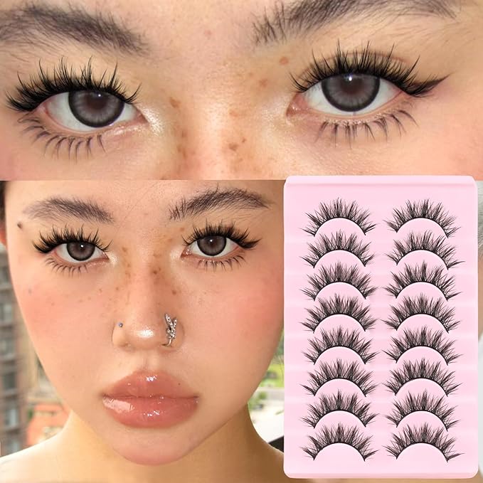 Veleasha Lashes Kit Natural Eyelashes Manga Spiky False Eyelashes Crisscross Wispy Fake Lashes Soft wirh Glue & Tweezers with Cotton Band 8 Pairs Pack (Natural Kit)
