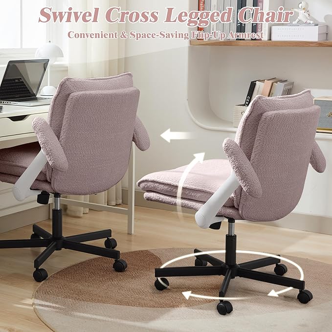 Criss Cross Legged Office Chair with Wheels and Flip-Up Arms, Upholstered Criss Cross Desk Chair, Wide Seat Chairs for Home Office, Vanity, Apartment, Pink