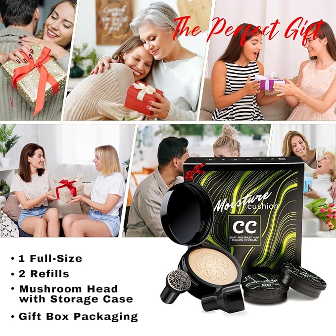 Mushroom Head Air Cushion CC Cream Gift Set, 1 Full-Size Makeup Foundation with 2 Refills & 1 Special Mushroom Head Puff, Self Adjusting Concealer (Natural)
