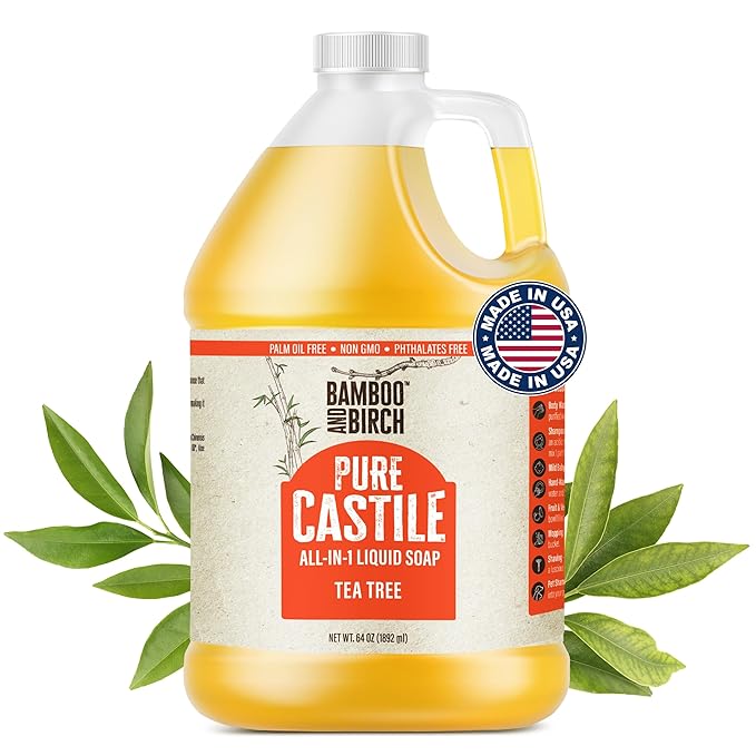 BAMBOO AND BIRCH Pure Castile Soap Liquid, Certified Palm Oil Free Natural Soap, Tea Tree, 64 oz
