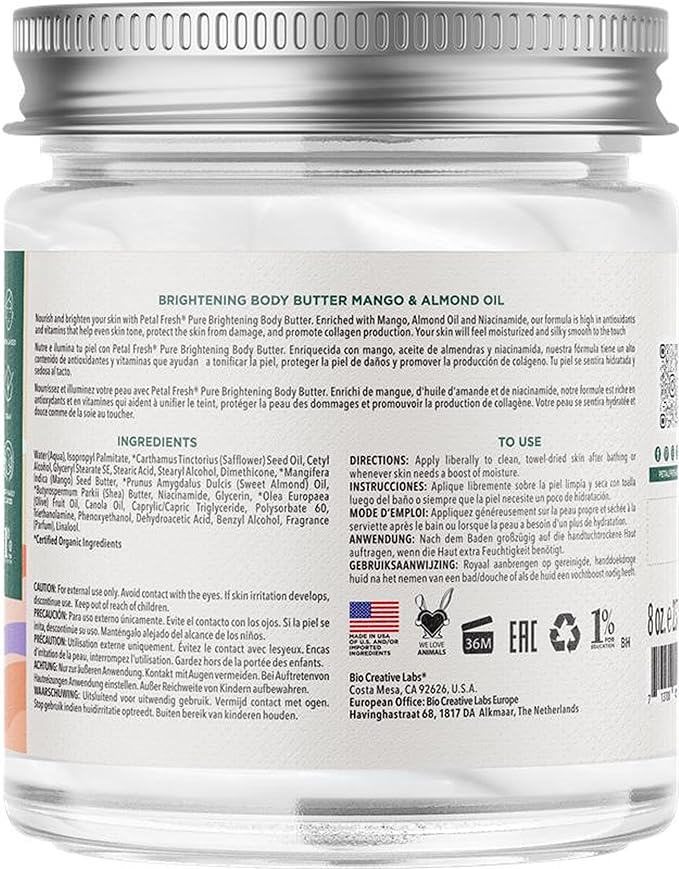 Petal Fresh Pure Brightening Mango & Almond Oil Body Butter with Niacinamide, Shea Butter, Promotes Collagen, For All Skin Types, Vegan and Cruelty Free, Non-Greasy, 8 oz – MADE IN USA
