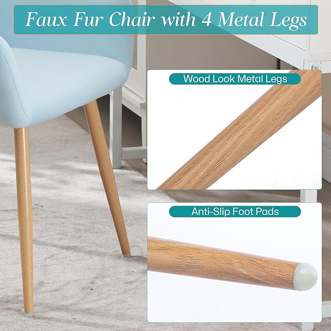 Home Office Velvet Desk Chair, Makeup Vanity Chair, Comfy Accent Armchair with Wood Grain Metal Legs, Cute Dining with Hollowed Back, Light Blue