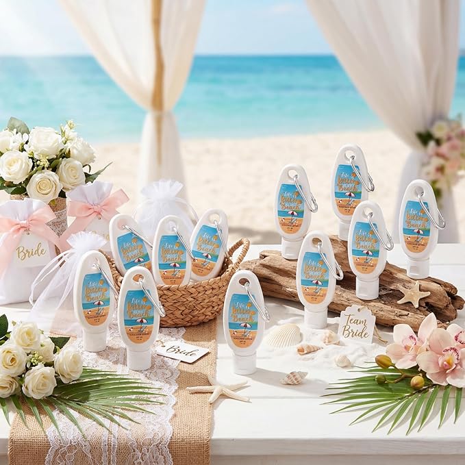 Leelosp 30 Pcs Mini Sunscreen with Carabiner Bulk Travel Size 1 Fl. oz. Spf 30 Water Resistant Mini Sunblock Lotion with Clip Summer Beach Party Favor for Wedding Bridal Shower Vacation Gifts