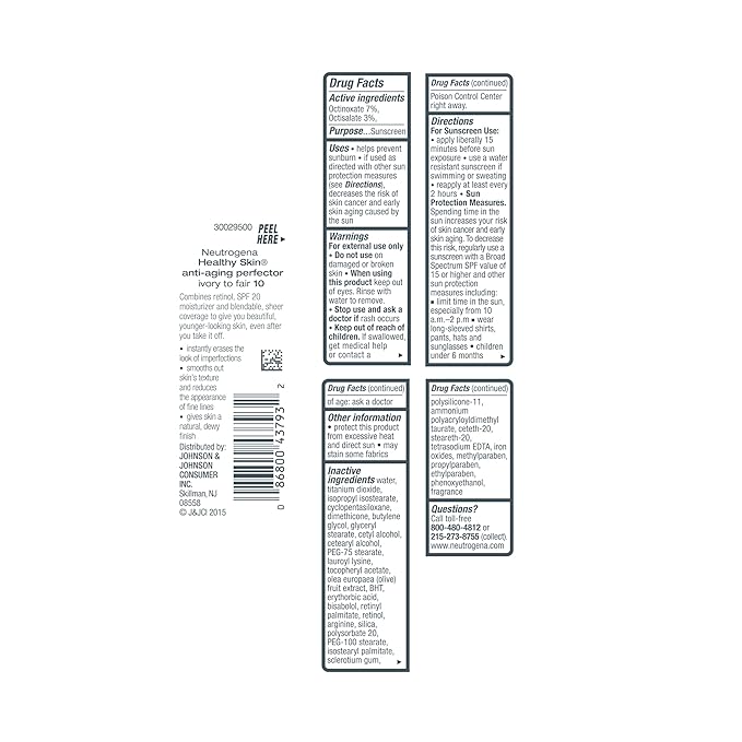 Neutrogena Healthy Skin Anti-Aging Perfector Tinted Facial Moisturizer and Retinol Treatment with Broad Spectrum SPF 20 Sunscreen with Titanium Dioxide, 10 Ivory to Fair, 1 fl. oz