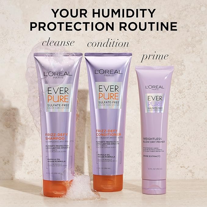 L'Oreal Paris Sulfate Free Frizz Defy Conditioner, Frizz Control Hair Care with Marula Oil, EverPure, 8.5 Fl Oz (Packaging May Vary)