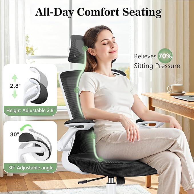 Office Chair Ergonomic Desk Chair, Breathable Mesh Office Chairs with Adjustable Lumbar Support, Flip-Up Arms, Computer Desk Chair Comfy for Home Office, White