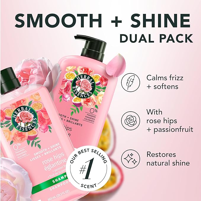Herbal Essences Shampoo & Conditioner Set, Rose Hips + Passionfruit - Smooth Collection, Paraben-Free, Color-Safe, Shiny Hair with Jojoba & Vitamin E, 29.2 Fl Oz Each, 2-Pack