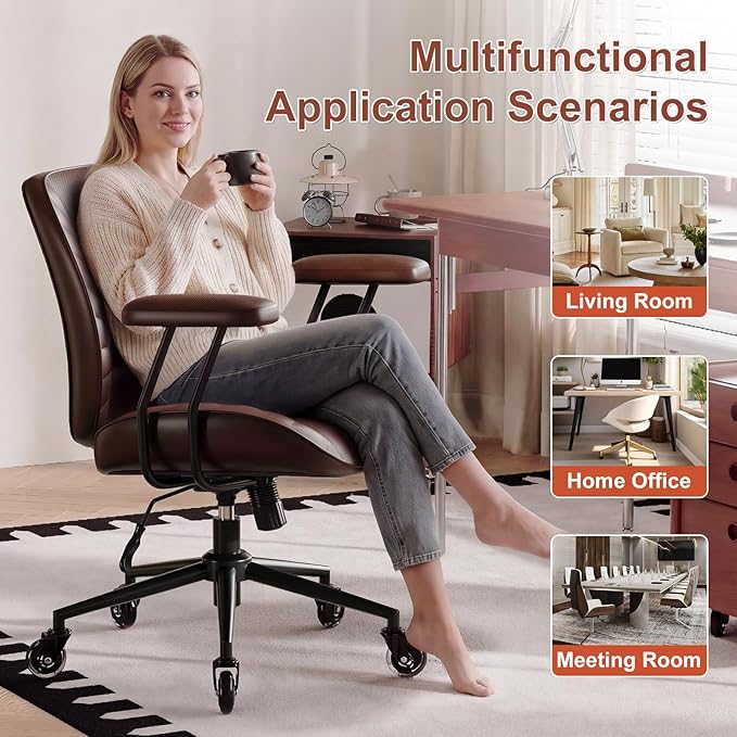 BFZ Home Office Desk Chair, Adjustable Comfy Desk Chair with Wheels, Comfortable Ergonomic Office Chair, Criss Cross Office Desk Chair with Back for Vanity,Home Office or Workspace, Dark Brown Leather