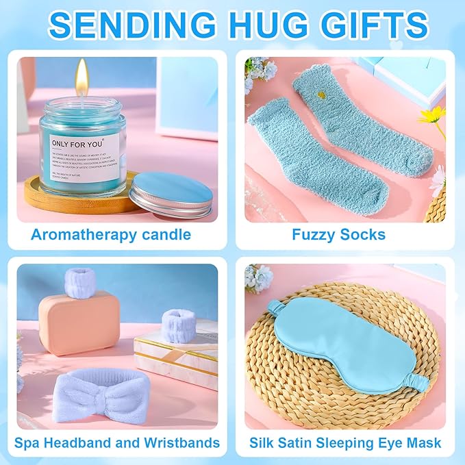 15 Pcs Birthday Gifts for Women Robe Sets for Women Spa Basket Set Graduation Gifts Bath Robe Make up Brushes Scented Candle Fluffy Socks Coffee Cup for Mom Nurse Girlfriend Wife (Blue)