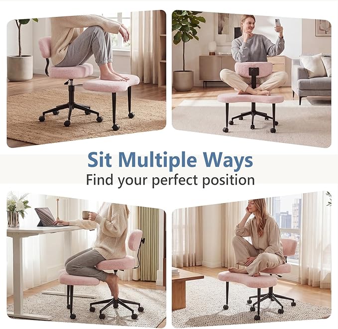 DUMOS Ergonomic ADHD Cross Legged Office Desk Chair with Adjustable Backrest, Height Adjustable Meditation Chair with 360° Swivel Footstool, Teddy Fabric Yoga Stool for Home Office, Pink