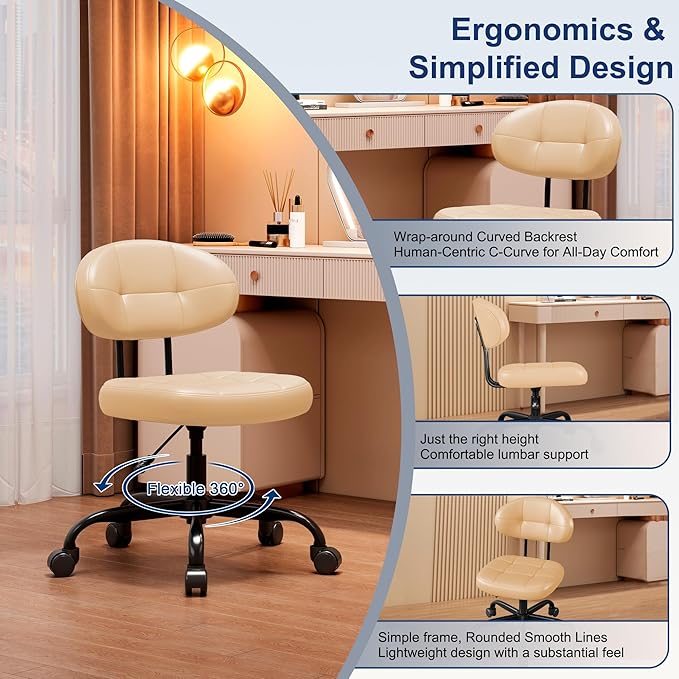 Misolant Vanity Chair with back, Small Armless Cute office Chair with wheels and Lumbar support, Comfy PU Leather Desk Computer Chairs with Adjustable Height, 360°Swivel for Home Bedroom Office, Khaki