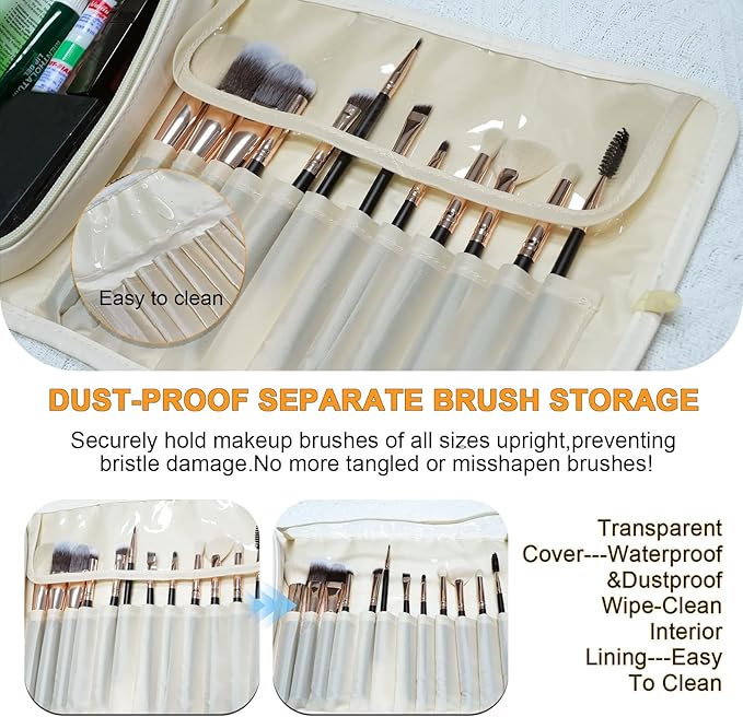 Portable Folding Makeup Brush Bag,Travel Toiletry Bag with Dividers & Independent Partition for Brushes & Skincare, Toothbrush Holder,Rollup & Open Flat cosmetic Organizer,Waterproof &Hanging (white)