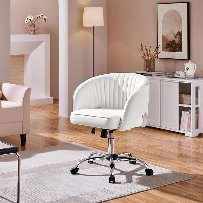 Yaheetech Home Office Chair, Faux Leather Desk Chair, Modern Swivel Chair with Tufted Barrel Back, Rolling Wheels for Office,Study, Vanity, Bedroom White