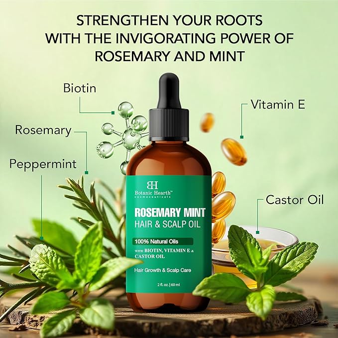 Botanic Hearth 100% Pure Rosemary Mint Oil For Hair Growth & Hair Treatment Oils 2 Fl Oz | Infused with coconut Oil | Hair Oil Repairs Dry Damaged Hair, Strengthening, Healthier | All Hair Types