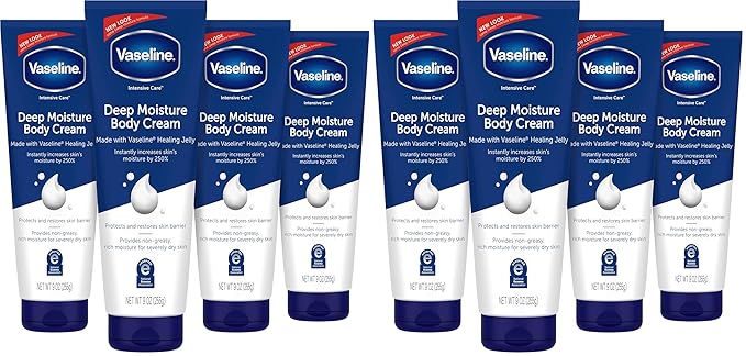 Vaseline Intensive Care Body Cream Deep Moisture with Healing Petroleum Jelly & Vitamin E Rich & Smooth for Dry Skin 9 oz,(Pack of 8)