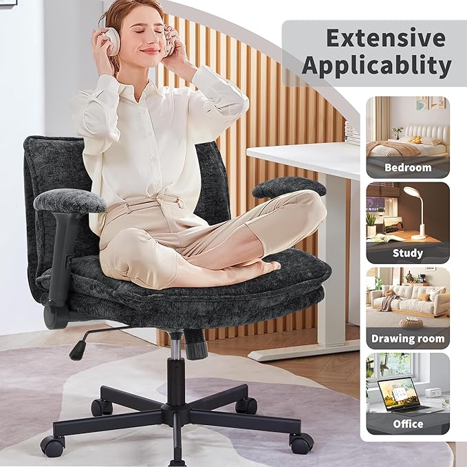 Cross Legged Office Chair, Height Adjustable Swivel Desk Chair with Flip-Up Arms, Padded Criss Cross Chair for Home Office & Bedroom