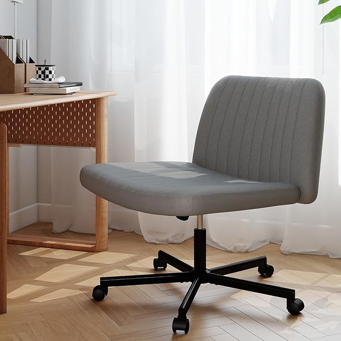 Criss Cross Chair, Extra Wide Armless Rolling Office Desk Chair with Wheels, Plus Size Viral Vanity Legged Chair, Bedroom, Grey