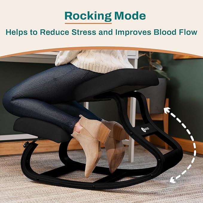 NYPOT Ergonomic Kneeling Chair with Adjustable Seats - Knee Chair for Posture Correction & Kneel Rocking Stool for Desk - Back Pain Relief and Support for Home and Office - Modern Total Black