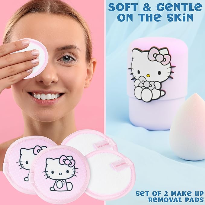 Hello Kitty Beauty Accessories Set for Women Teens, Folding Hair Brush with Mirror, Makeup Sponge Holder, Makeup Remover Pads, Kawaii Gifts for Women, Wife, Girlfriend