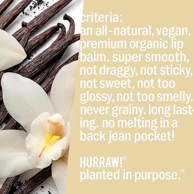 Hurraw! Vanilla Bean Lip Balm: Organic, Certified Vegan, Cruelty and Gluten Free. Non-GMO, 100% Natural Ingredients. Bee, Shea, Soy and Palm Free. Made in USA