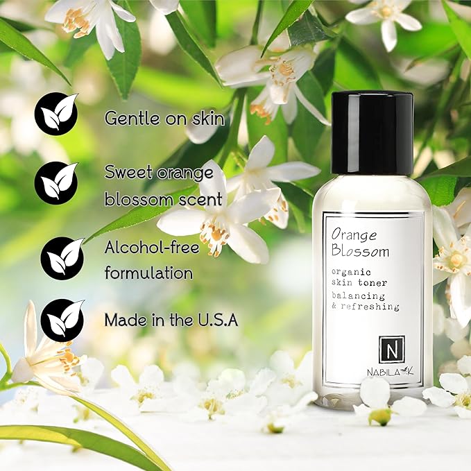 Nabila K Orange Blossom Organic Skin Toner, Soothing, Refreshing, Moisturizing, All Natural, Alcohol-Free, Hypoallergenic, 2.4oz