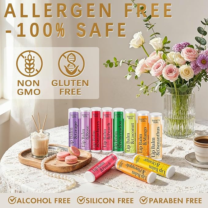 20 Pack Lip Balm Bulk- 12 Flavored Lip Balm Set Natural Moisturizing Hydrating for Dry Cracked Lips, Valentines Gifts for Women & Party Favors Mini Balm Pack (4.2g/0.15oz)