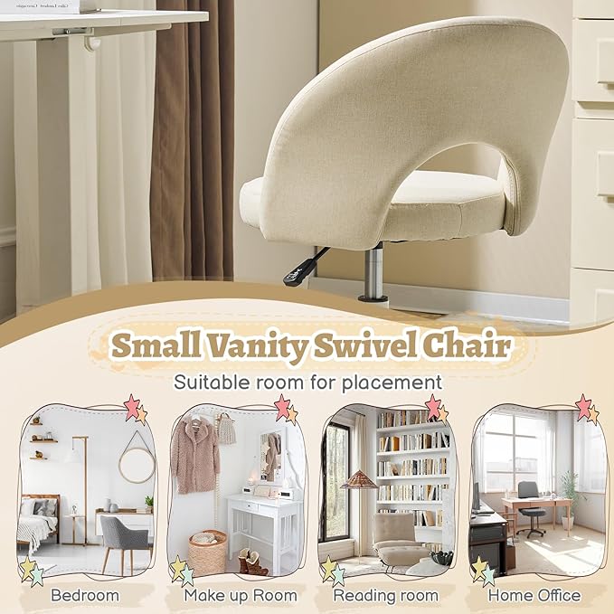 VINGLI Small Vanity Chair with Wheels for Girls.Cute Modern Adjustable Height Armless Office Desk Chair.360°Swivel Comfy Rolling Chair for Study, Make up Room,Small Space,Linen Light Yellow
