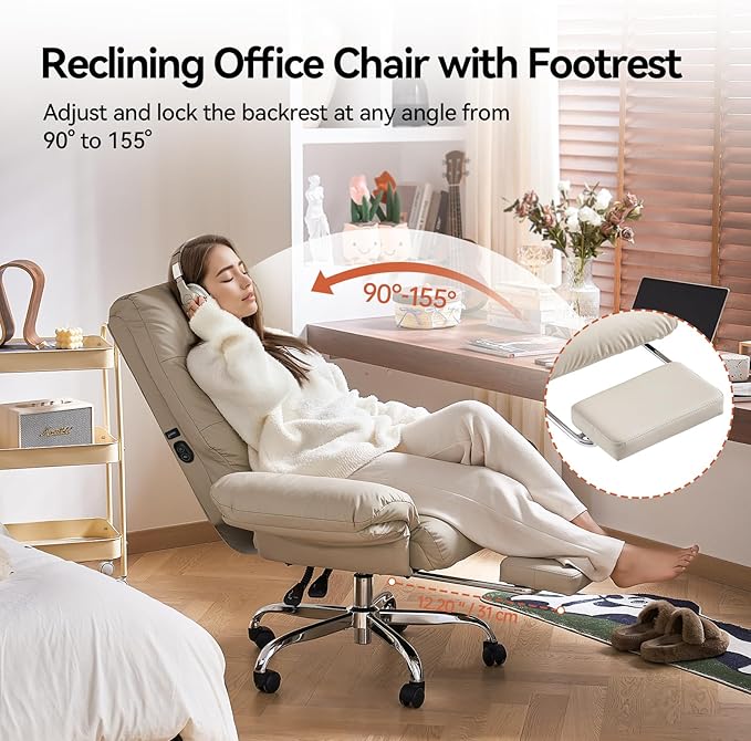 EMIAH Heated and Massage Office Chair with Foot Rest Criss Cross Chair with Wheels and Flip-up Arms Reclining Desk Chair Comfy Wide Seat PU Leather Rolling Computer Home Office Chair (Beige)