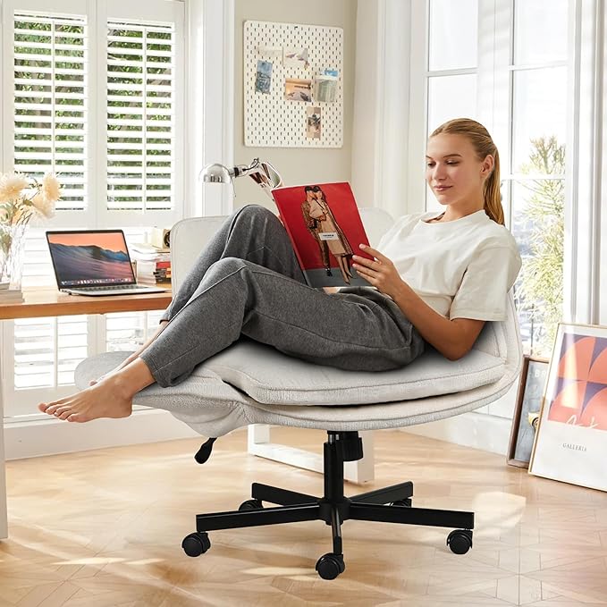 Criss Cross Chair with Wheels & Arms, Chenille Cross Legged Office Chair with 5-level Folding Armrest, Comfortable Adjustable Swivel Vanity Chair for Home, Make Up, Bed Room, Office, Accent (White)