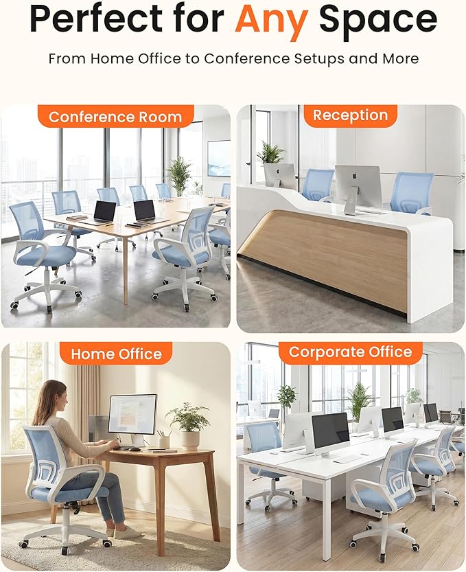 NEO CHAIR Office Desk Computer Chair Ergonomic Mesh Gaming Mid Back Seat with Comfy Lumbar Support Adjustable Height Swivel for Home Task (Sky Blue)